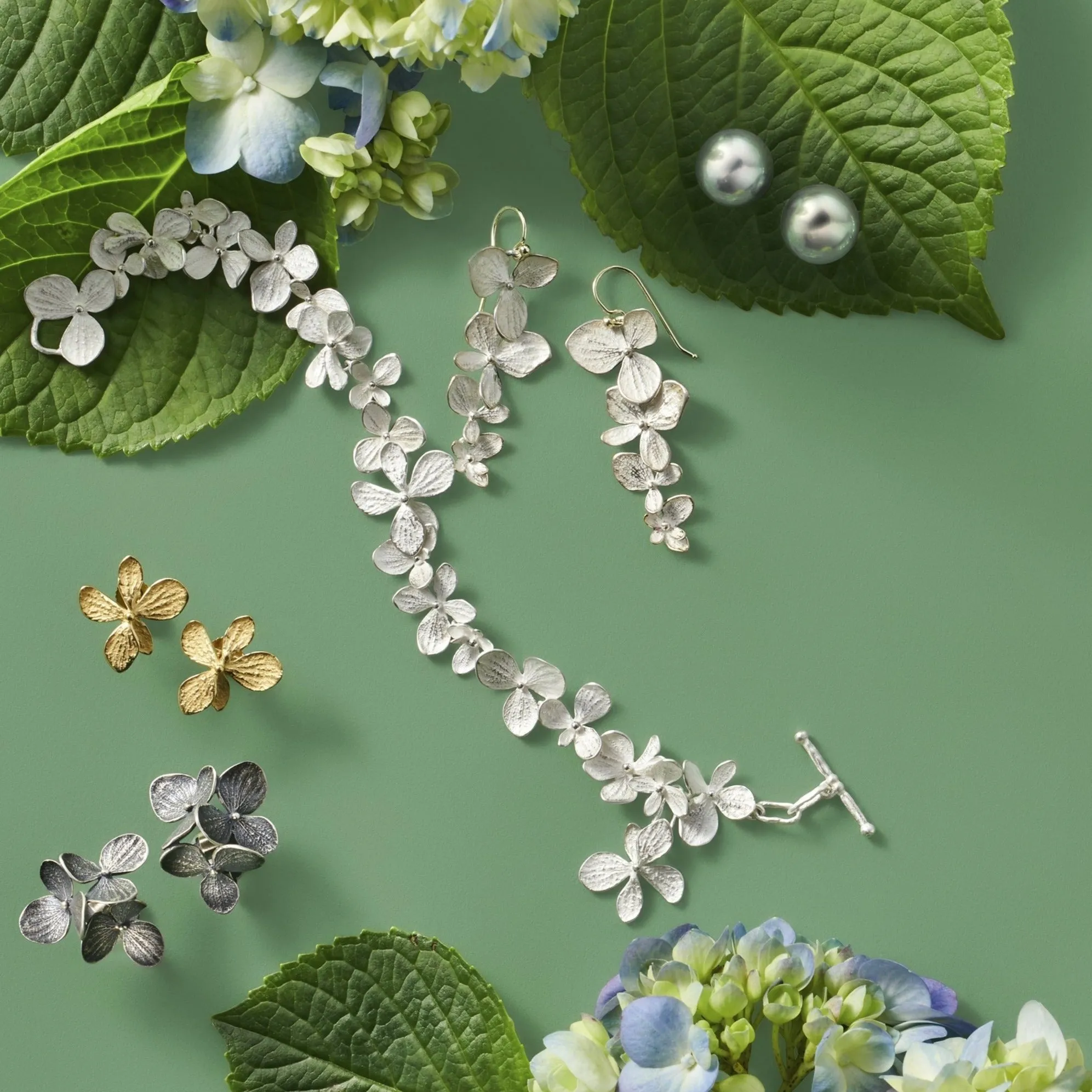 Silver Four-Part Hydrangea Drop Earrings