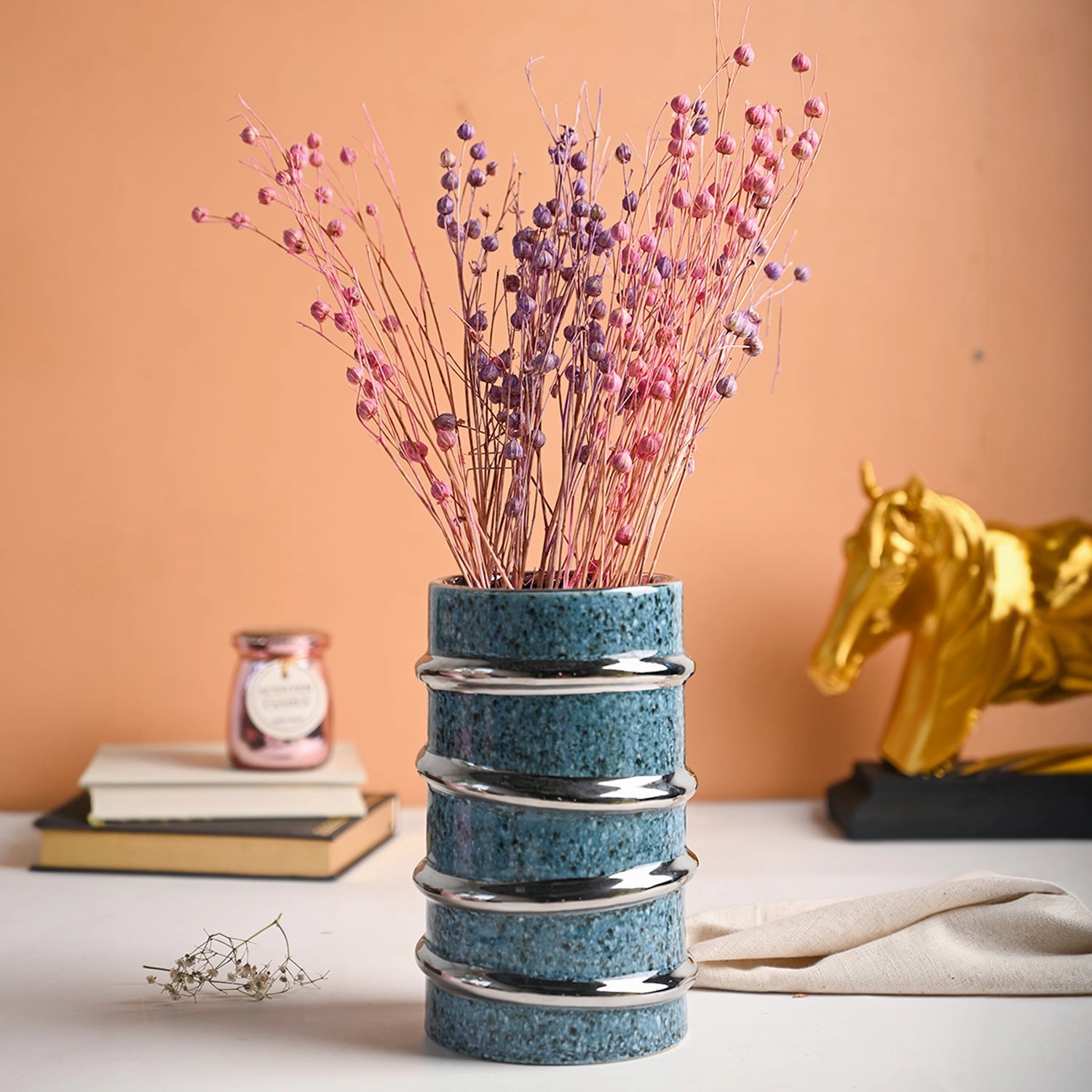 Silver Edge   Ribbed Vase dried green plant  