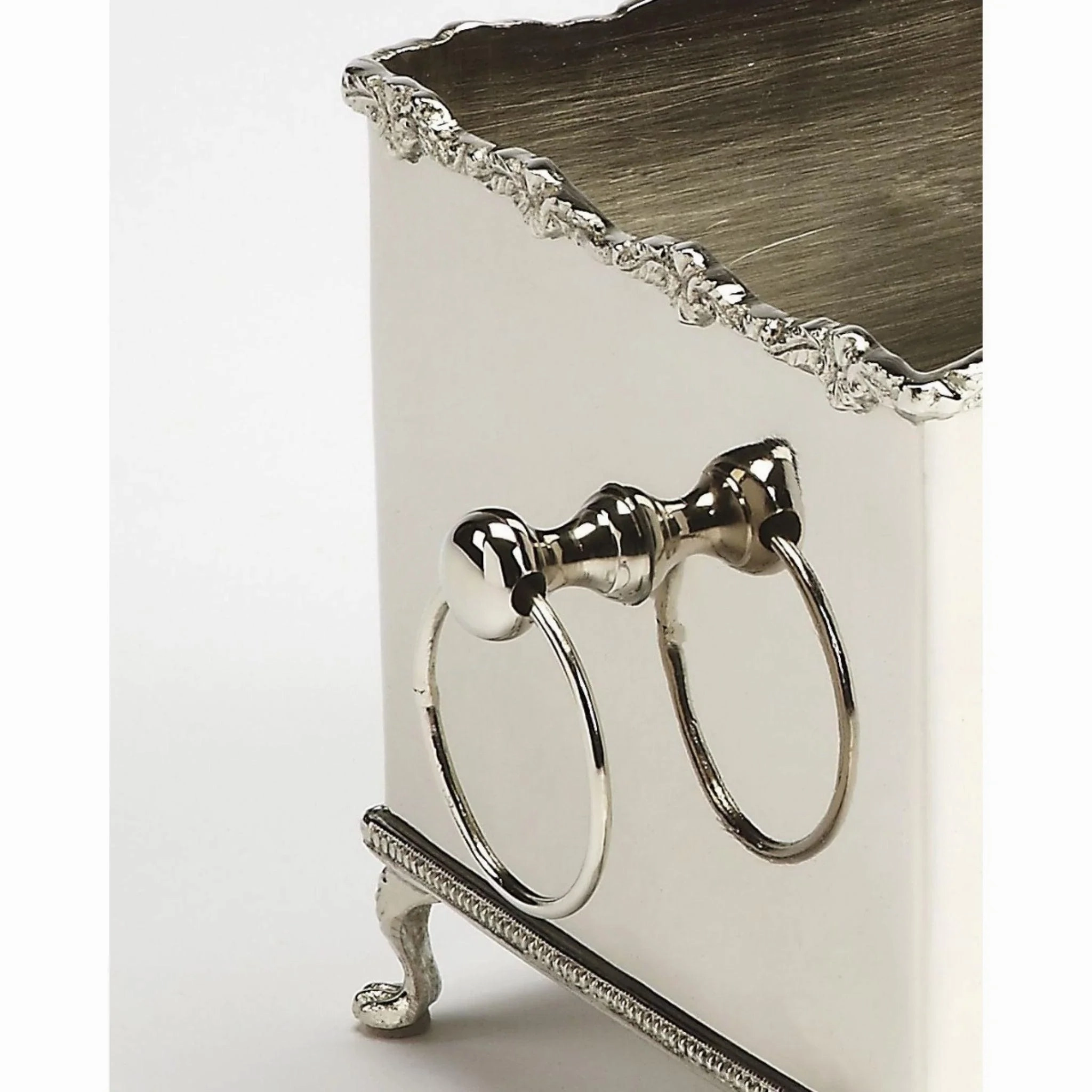 Silver Hued Brass Box Planter with Legs and Engraving Detail