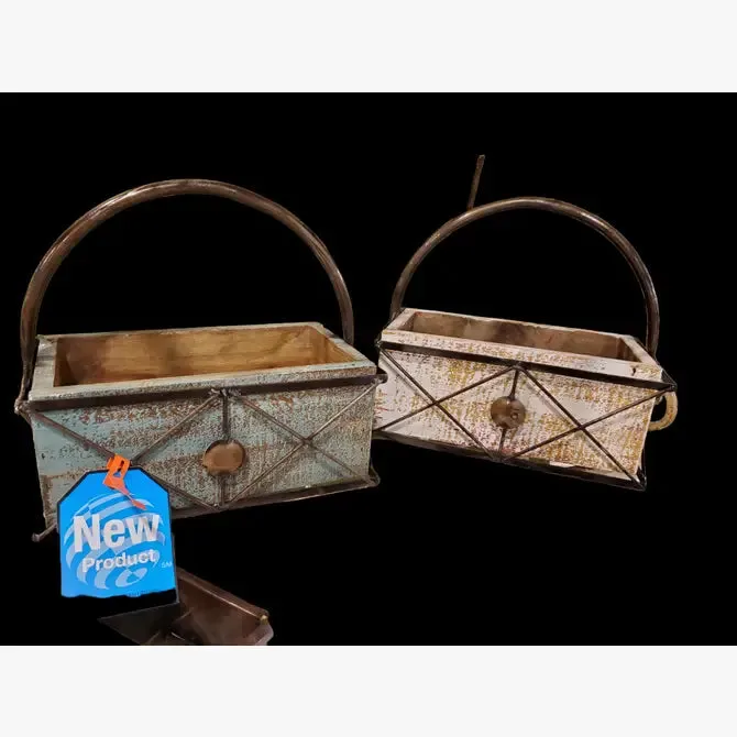 Simple Wooden Box with Decorative Iron and Iron Handle