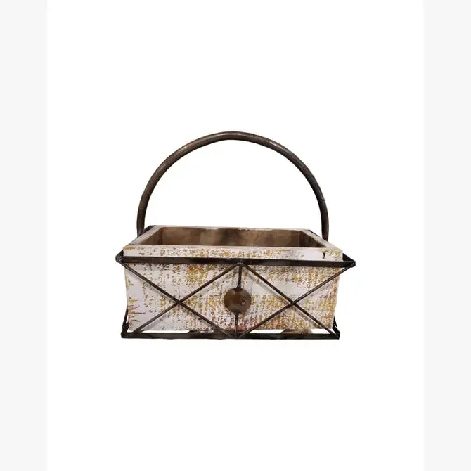 Simple Wooden Box with Decorative Iron and Iron Handle dried flower branch  