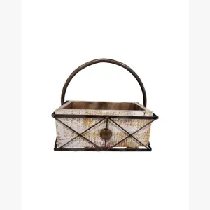 Simple Wooden Box with Decorative Iron and Iron Handle dried flower branch  