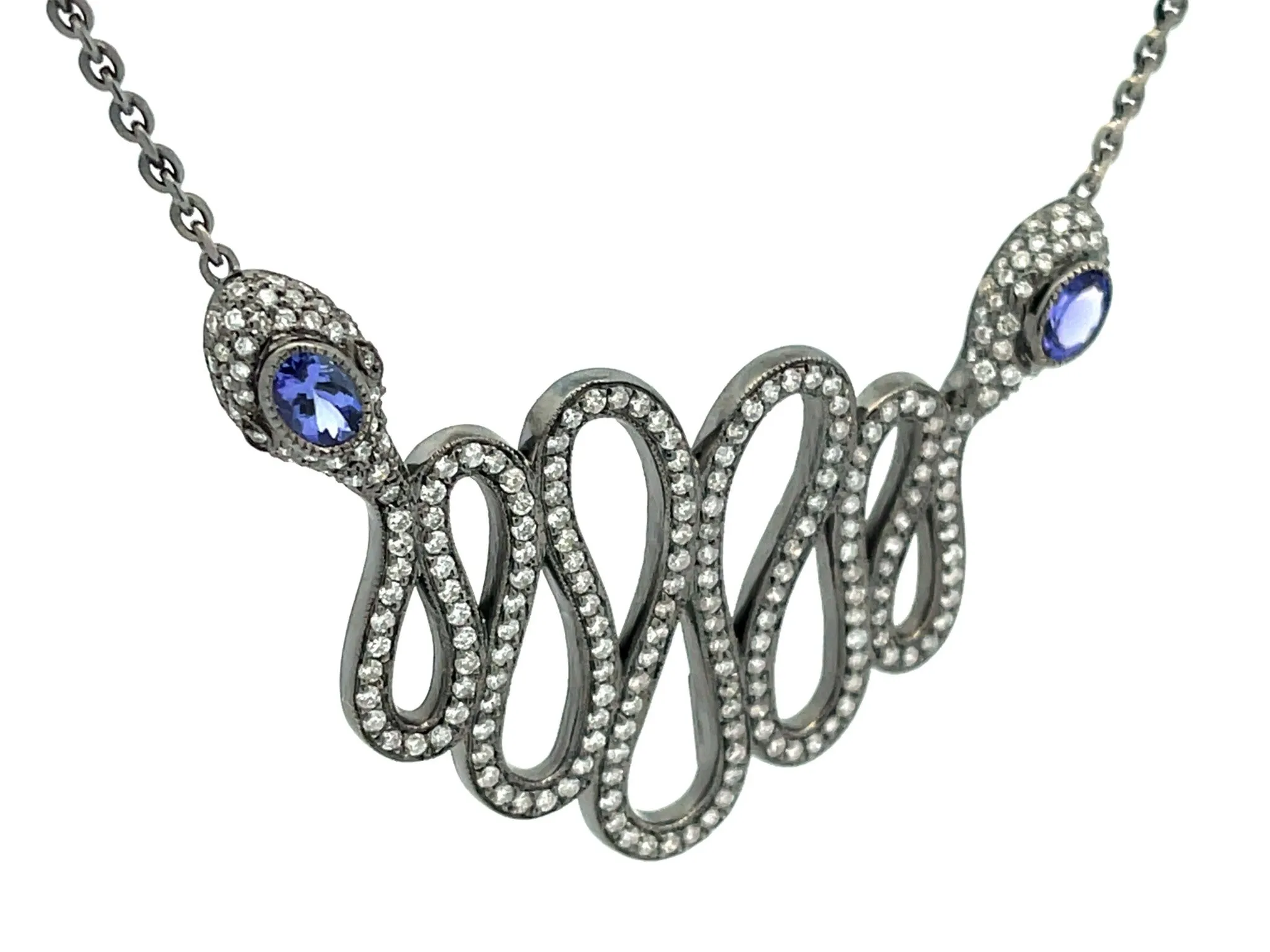 Snake Necklace with Diamonds and Tanzanite in 18k Black Gold