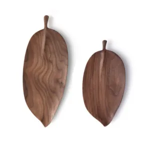 SOGA Set of 2 Walnut Leaf Shape Wooden Tray Food Charcuterie Serving Board Paddle Centerpiece Home WODC212 dried flowers  