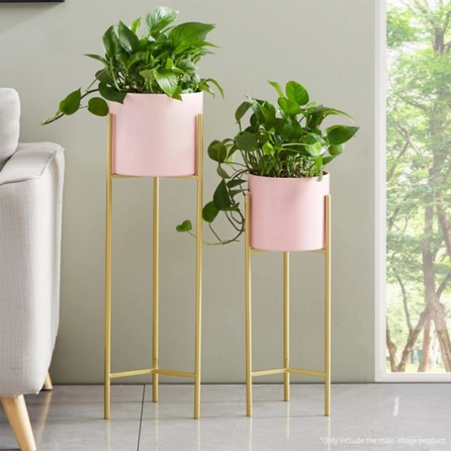 SOGA 2 Layer 60cm Gold Metal Plant Stand with Pink Flower Pot Holder Corner Shelving Rack Indoor FPOTH62PNK