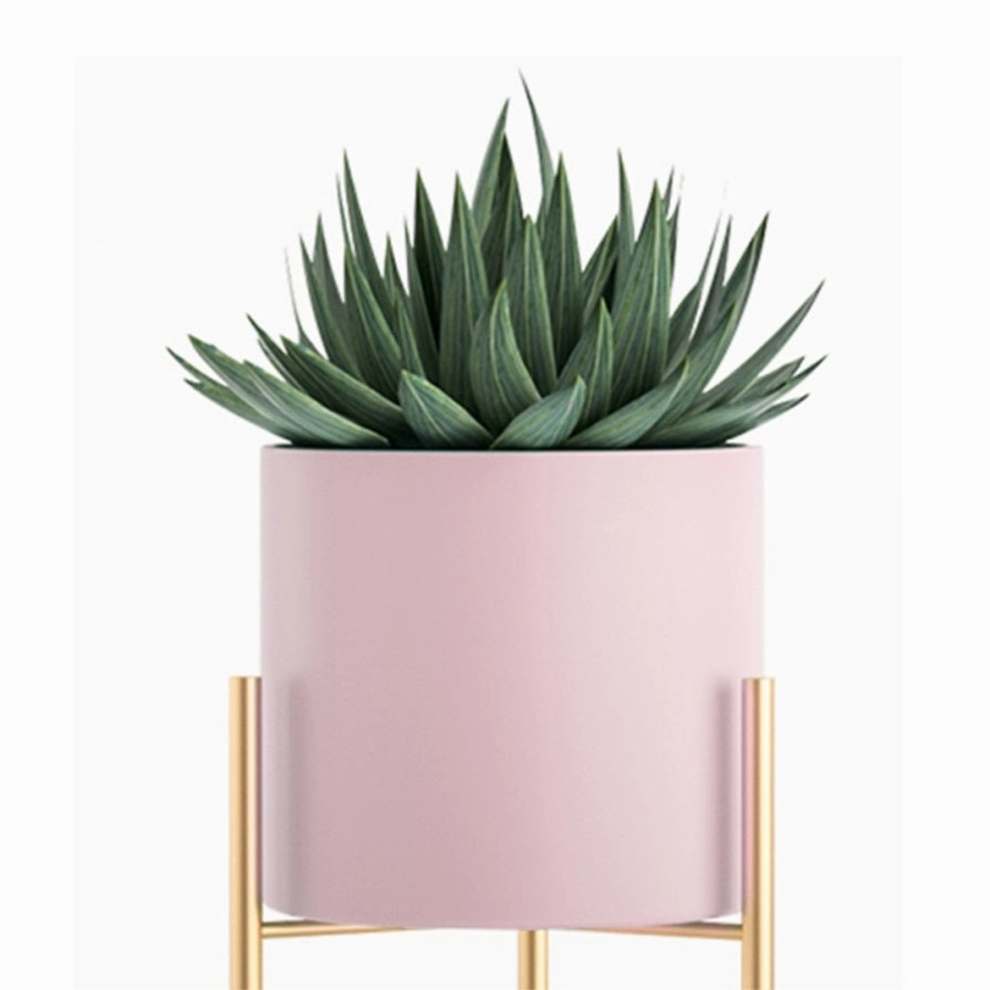 SOGA 2 Layer 60cm Gold Metal Plant Stand with Pink Flower Pot Holder Corner Shelving Rack Indoor FPOTH62PNK