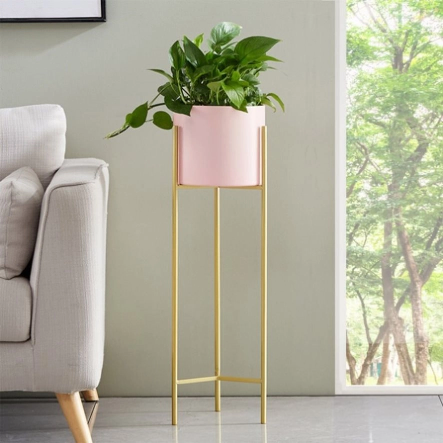 SOGA 2 Layer 60cm Gold Metal Plant Stand with Pink Flower Pot Holder Corner Shelving Rack Indoor FPOTH62PNK