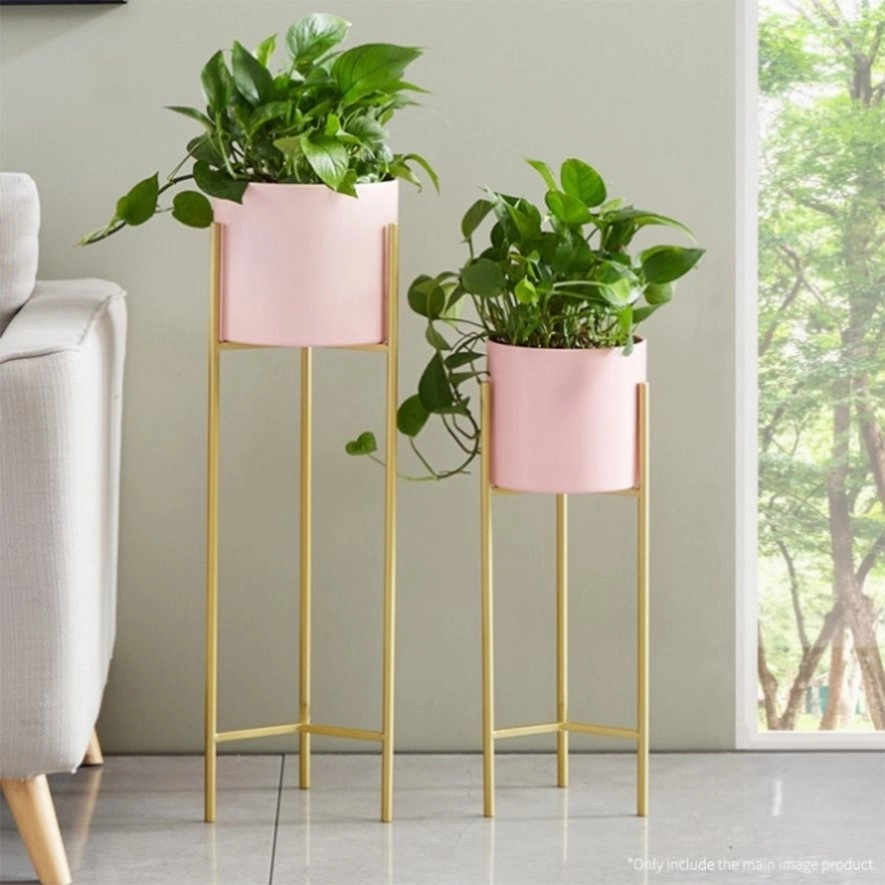 SOGA 2X 2 Layer 60cm Gold Metal Plant Stand with Pink Flower Pot Holder Corner Shelving Rack Indoor FPOTH62PNKX2