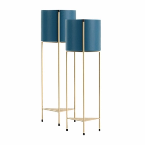 SOGA 2X 2 Layer 81cm Gold Metal Plant Stand with Blue Flower Pot Holder Corner Shelving Rack Indoor FPOTH85BLUX2 cactus succulent plant  