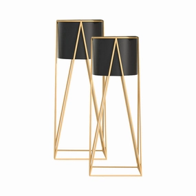 SOGA 2X 50cm Gold Metal Plant Stand with Black Flower Pot Holder Corner Shelving Rack Indoor Display FPOTH52BLKX2 cactus succulent plant  