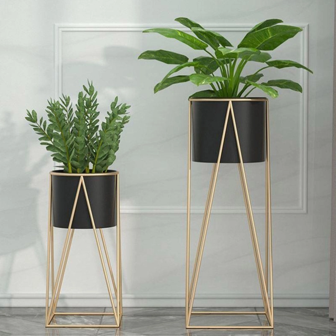 SOGA 2X 70cm Gold Metal Plant Stand with Black Flower Pot Holder Corner Shelving Rack Indoor Display FPOTH72BLKX2