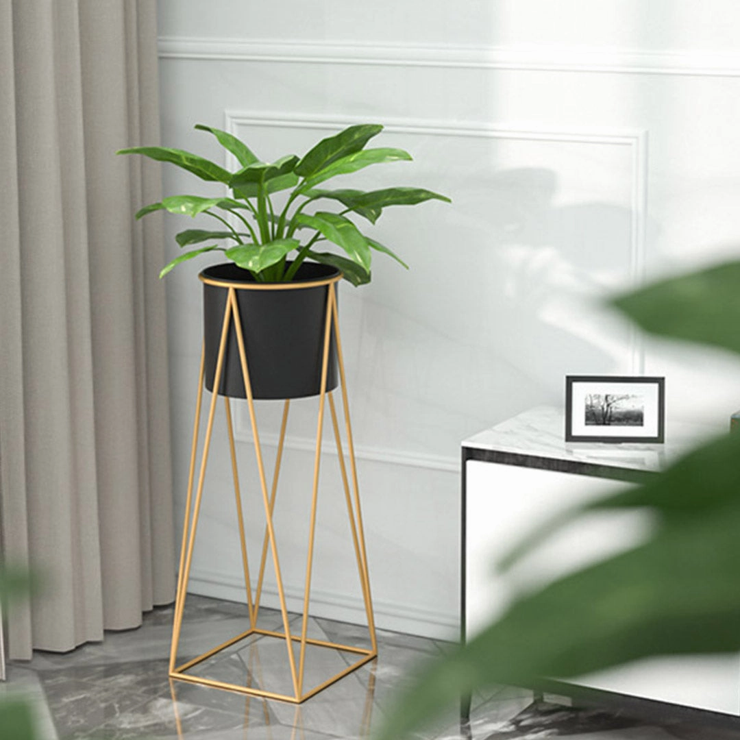SOGA 2X 70cm Gold Metal Plant Stand with Black Flower Pot Holder Corner Shelving Rack Indoor Display FPOTH72BLKX2