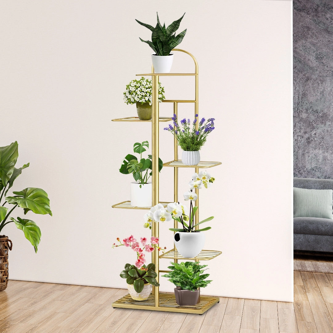 SOGA 7 Tier 8 Pots Gold Metal Plant Stand Flowerpot Display Shelf Rack Indoor Home Office Decor FPOTH15