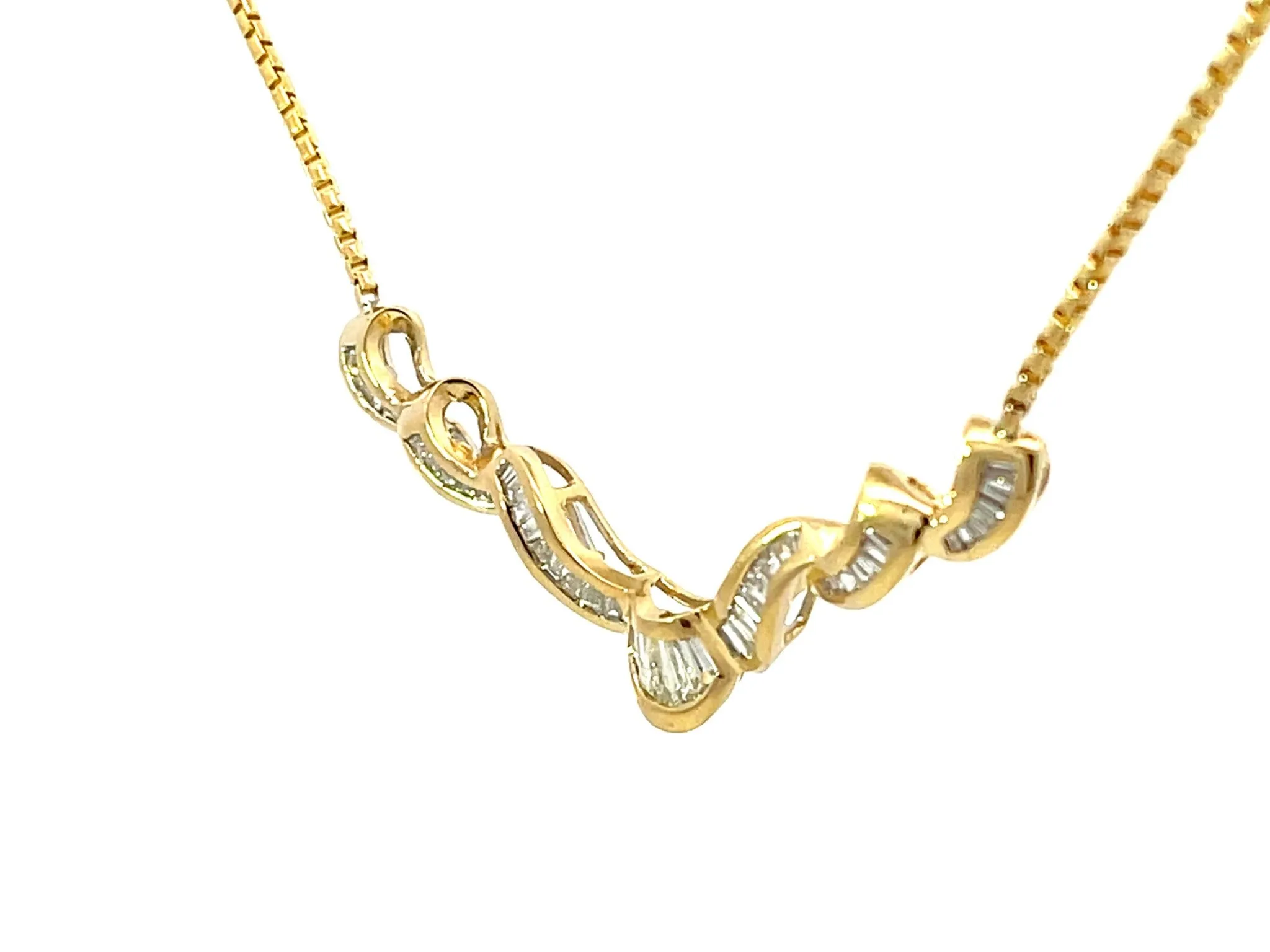 Solid 18k Yellow Gold Baguette Diamond Swirl Pendant Necklace