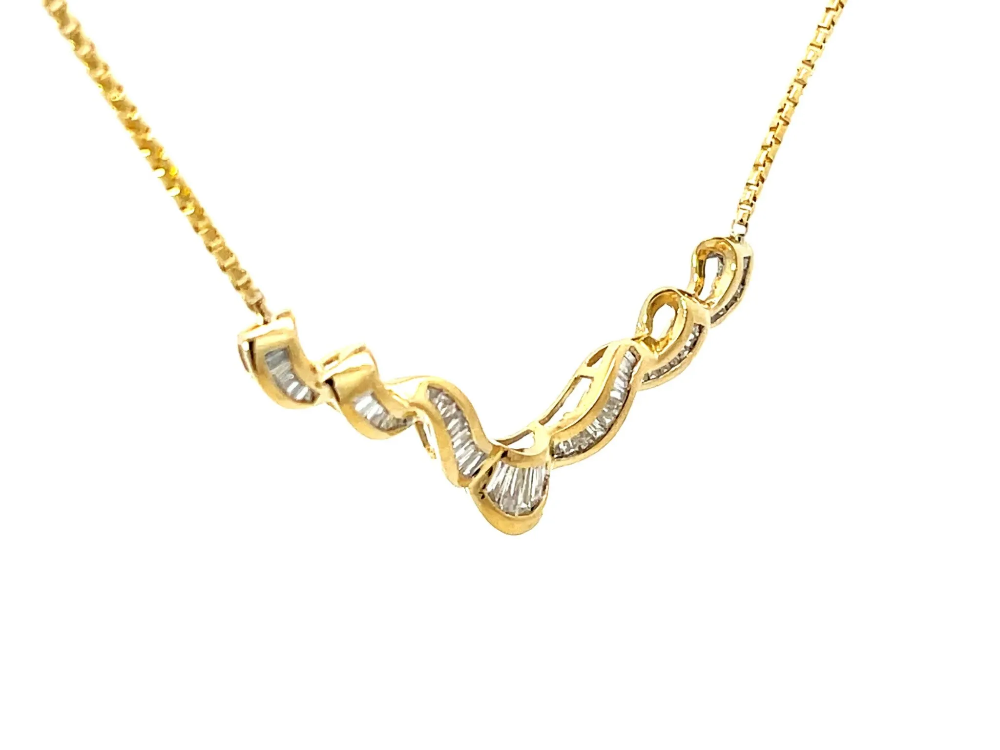 Solid 18k Yellow Gold Baguette Diamond Swirl Pendant Necklace