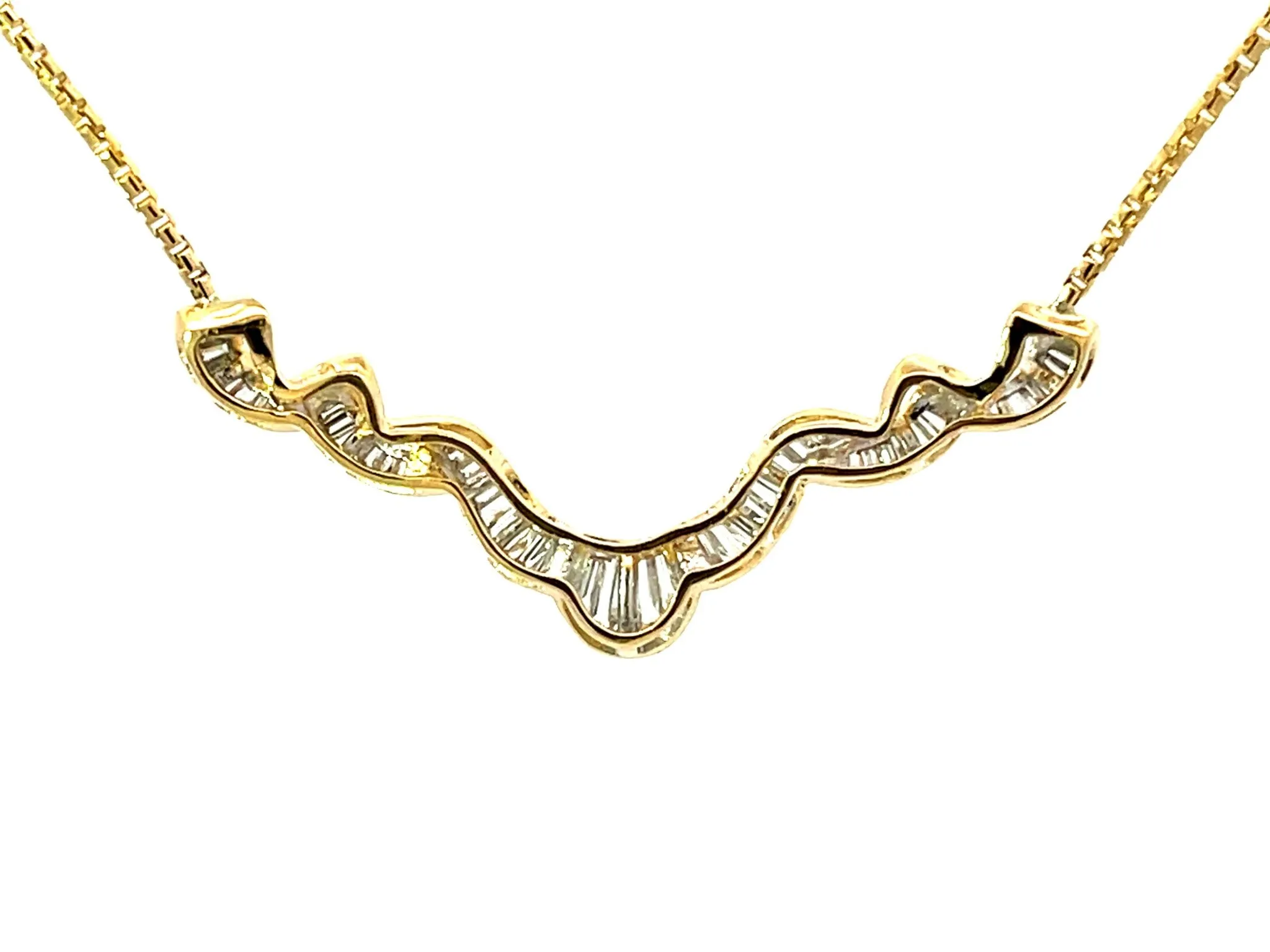 Solid 18k Yellow Gold Baguette Diamond Swirl Pendant Necklace