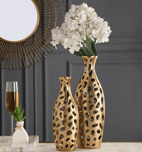 Sophia Floral Vase set of 2 In Raw Gold Finish outdoor greenery  