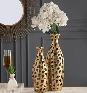 Sophia Floral Vase set of 2 In Raw Gold Finish outdoor greenery  