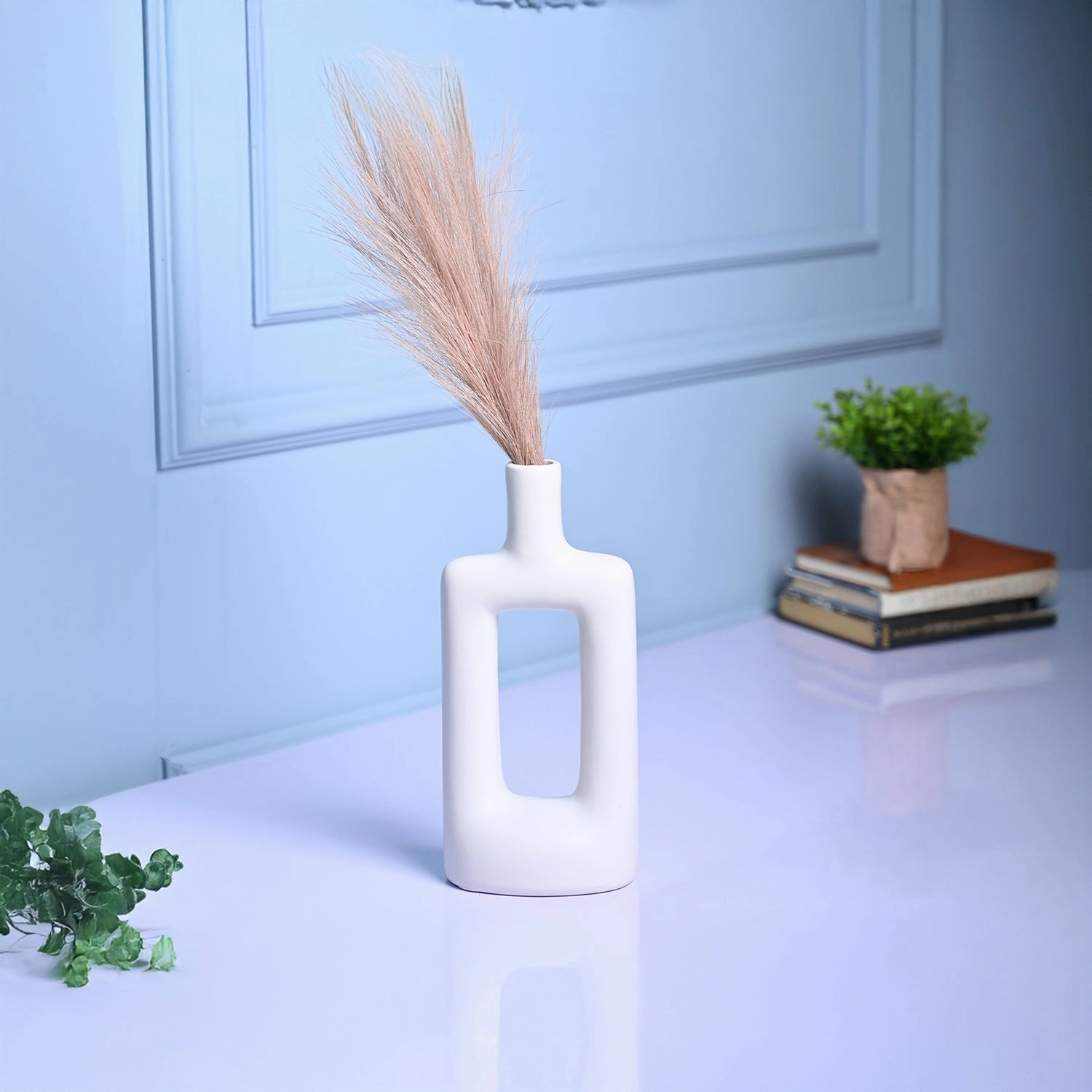 Sophisticated White Ceramic Vase dried green plant  