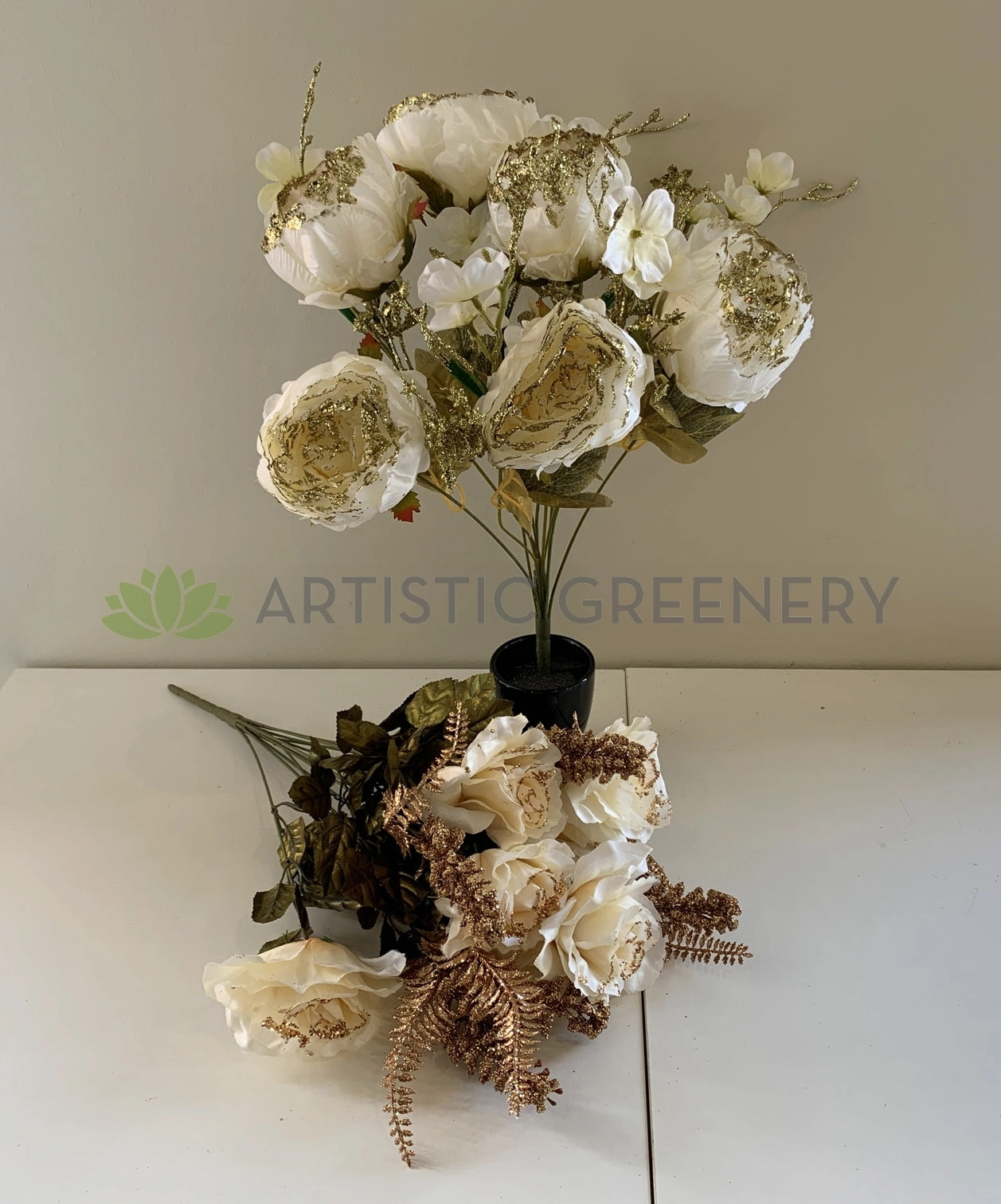 SP0193 & SP0356 Peony & Rose Bunch with Glitter Fillers 49cm 2 Styles
