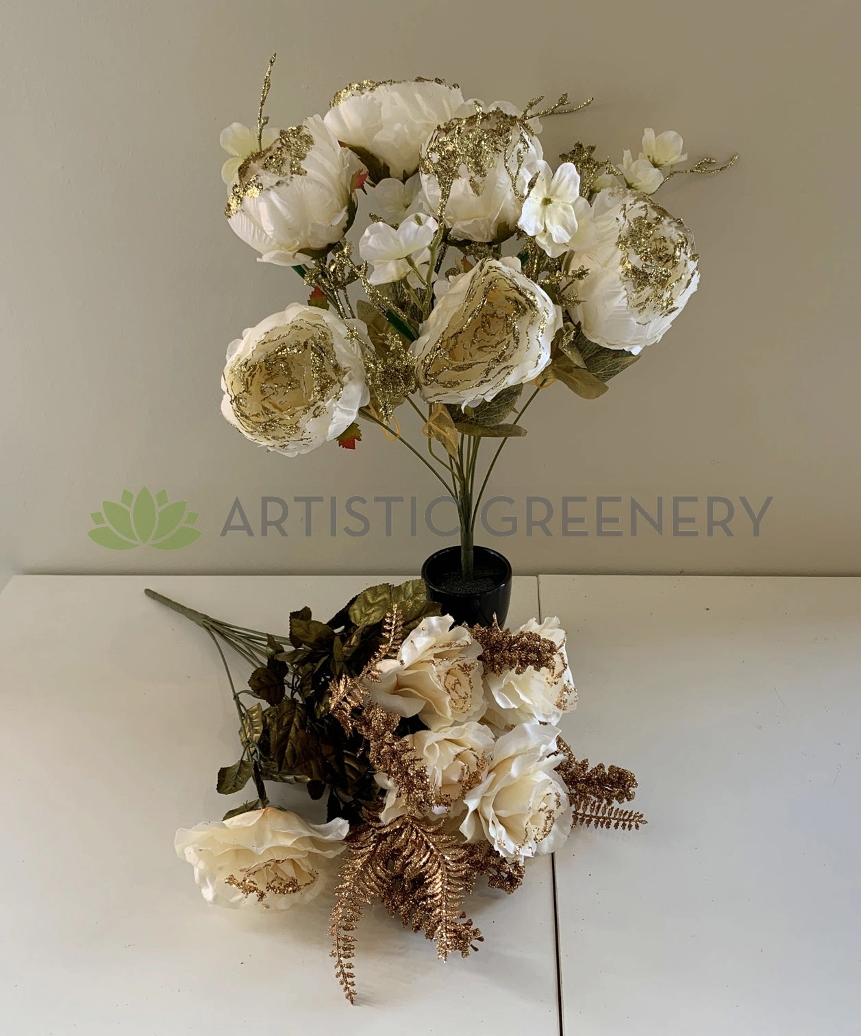 SP0193 & SP0356 Peony & Rose Bunch with Glitter Fillers 49cm 2 Styles