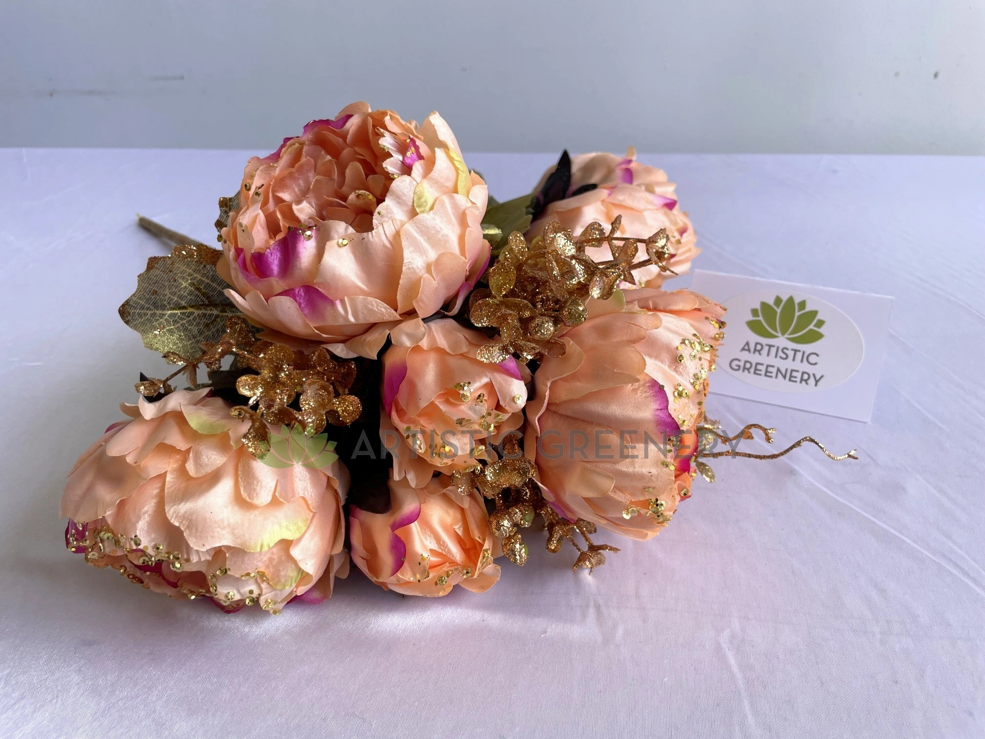 SP0193 Peony Bunch with Gold Trims 49cm Pink
