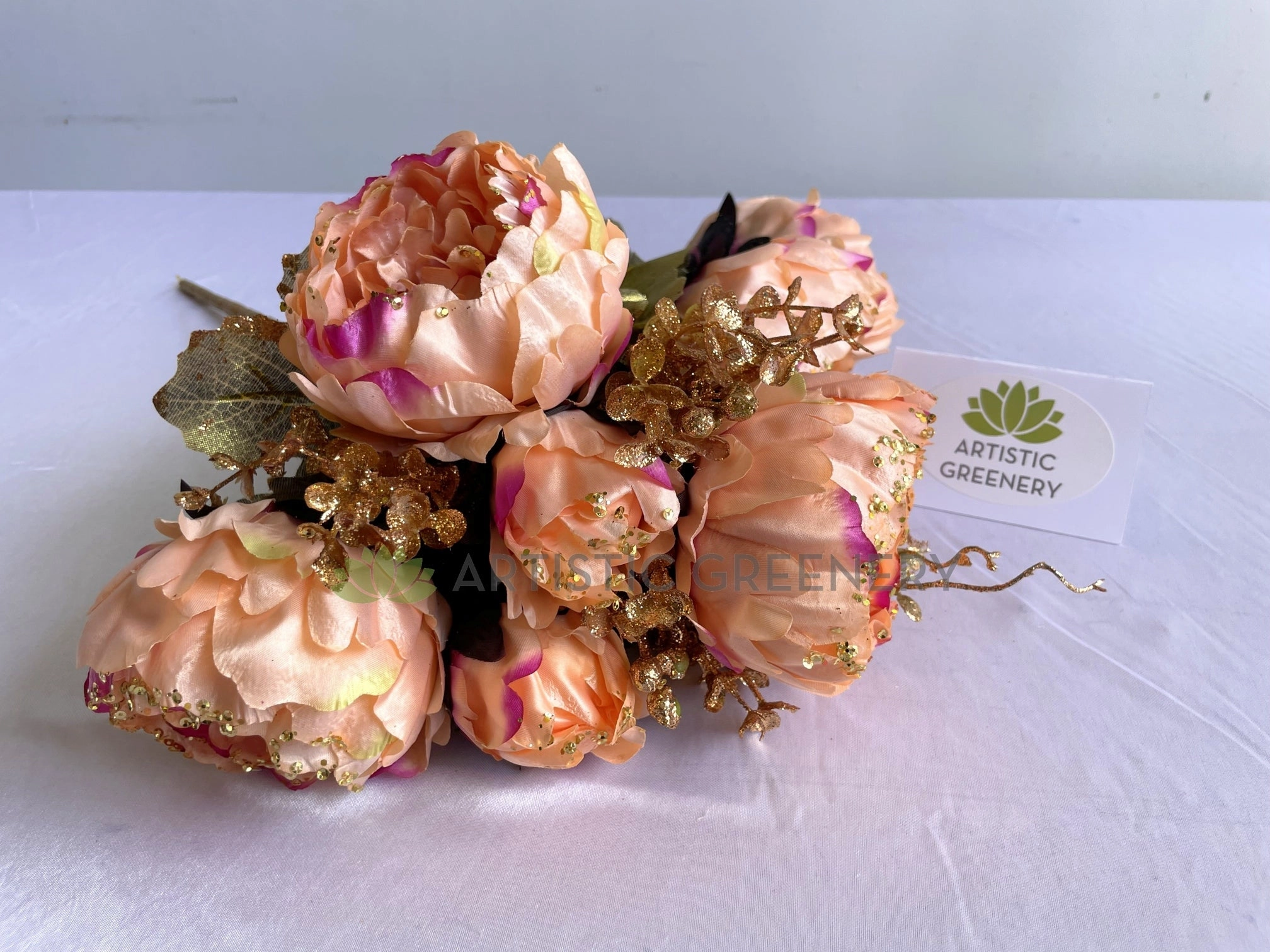 SP0193 Peony Bunch with Gold Trims 49cm Pink