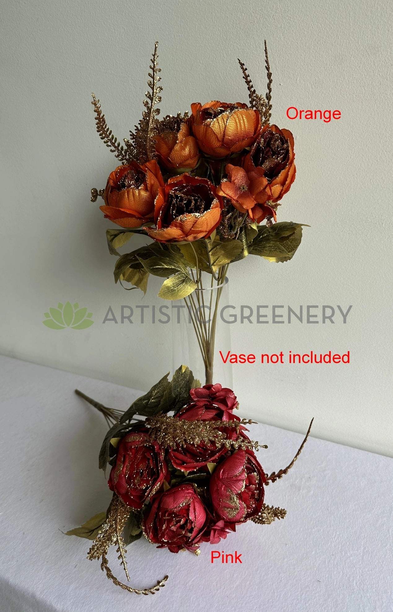SP0193-S87 Peony Bunch with Gold Trims 49cm Orange / Pink