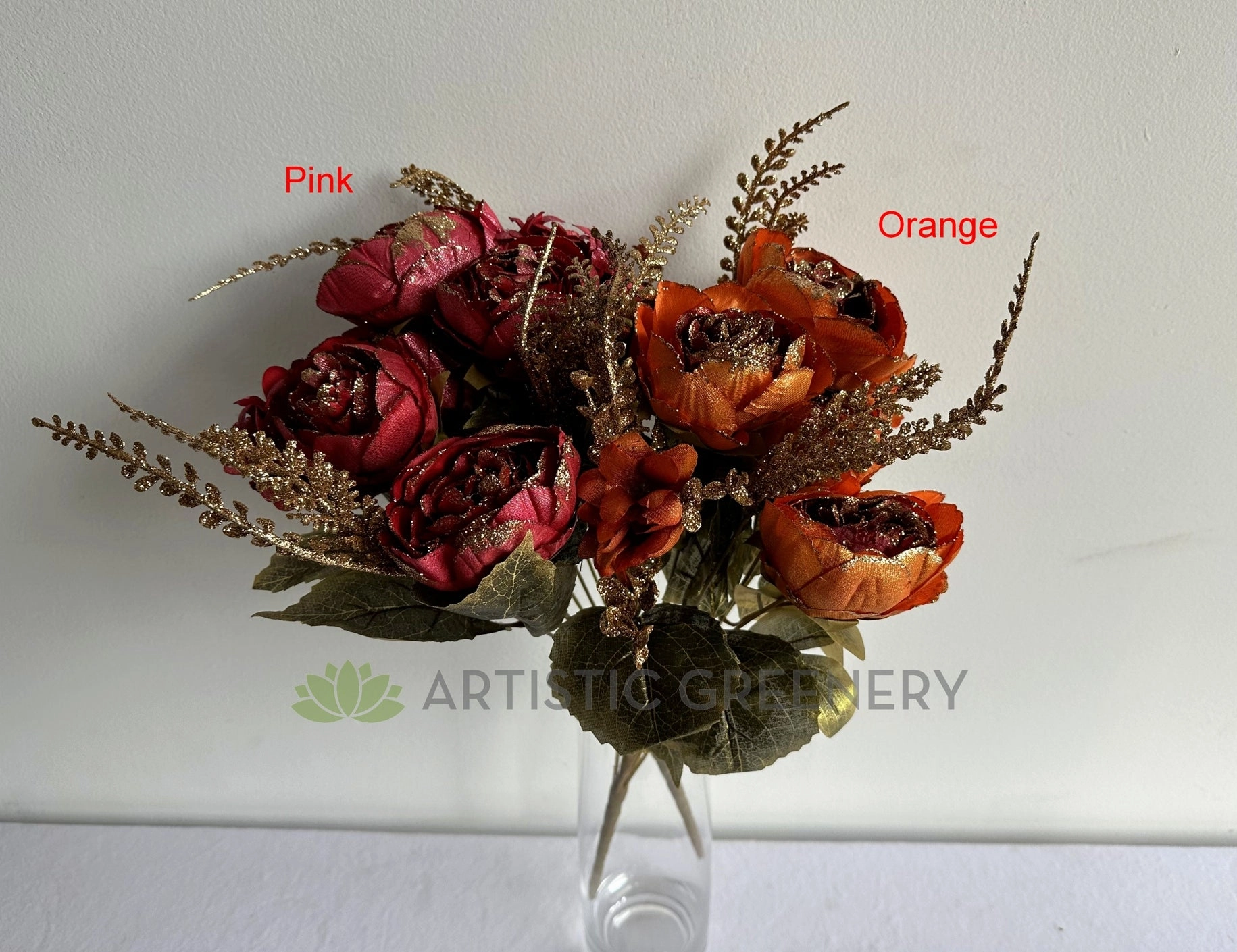 SP0193-S87 Peony Bunch with Gold Trims 49cm Orange / Pink