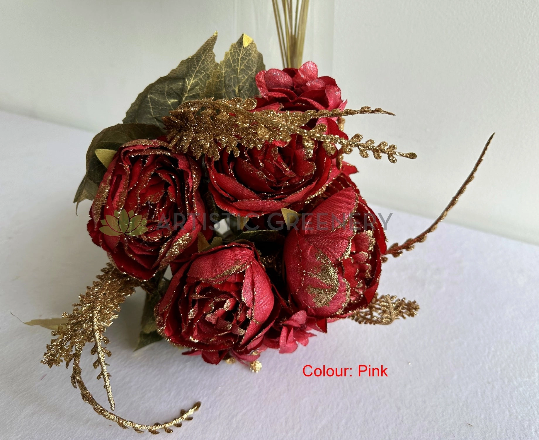 SP0193-S87 Peony Bunch with Gold Trims 49cm Orange / Pink