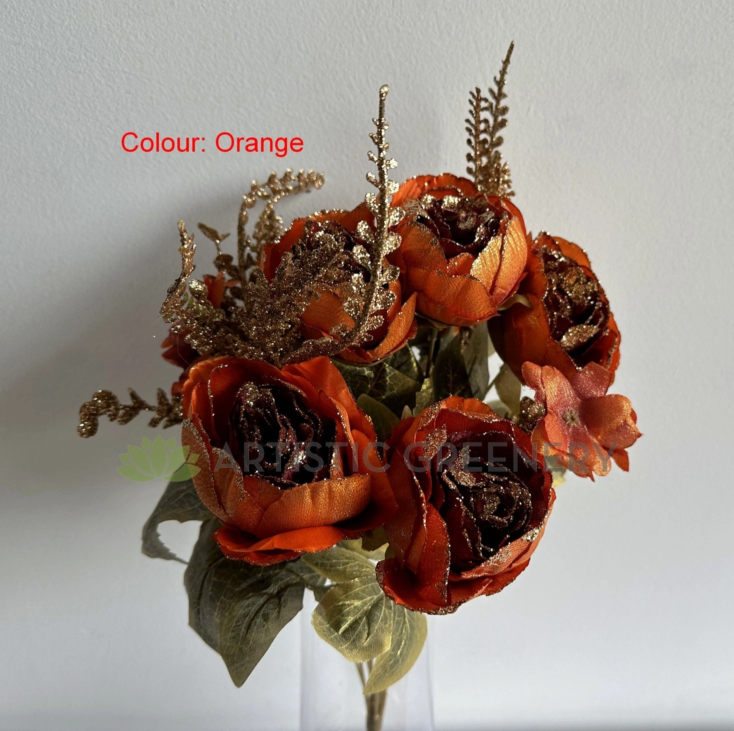 SP0193-S87 Peony Bunch with Gold Trims 49cm Orange / Pink