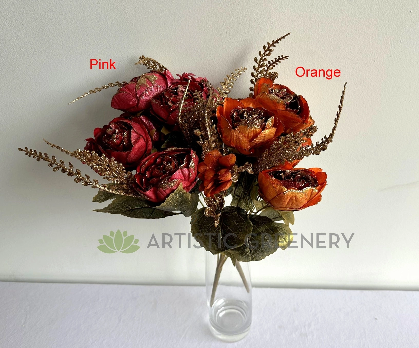 SP0193-S87 Peony Bunch with Gold Trims 49cm Orange / Pink