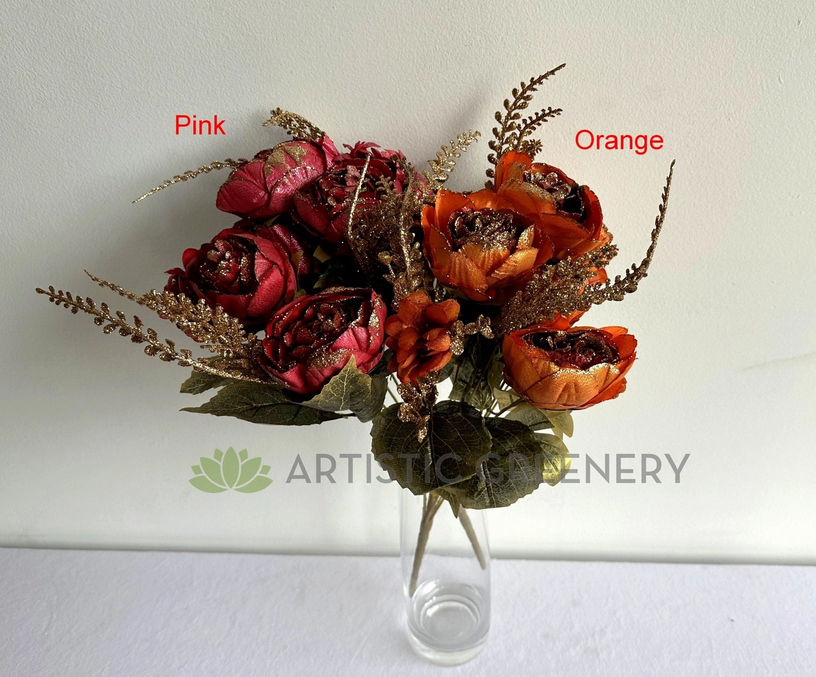 SP0193-S87 Peony Bunch with Gold Trims 49cm Orange / Pink