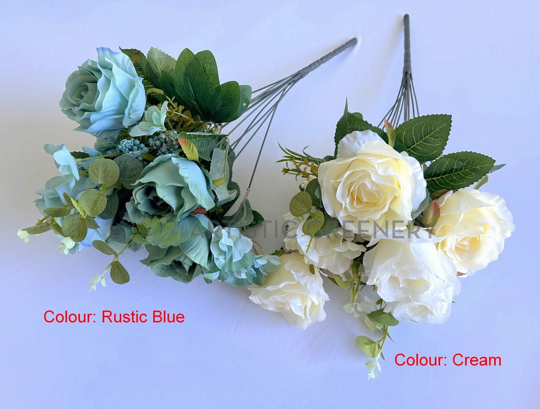 SP0242-S92 Rose & Hydrangea Bunch with Greenery 49cm Rustic Blue / Cream