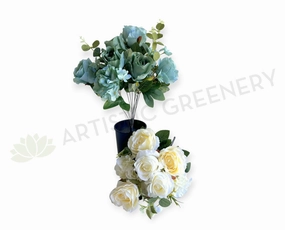 SP0242-S92 Rose & Hydrangea Bunch with Greenery 49cm Rustic Blue / Cream indoor houseplants  