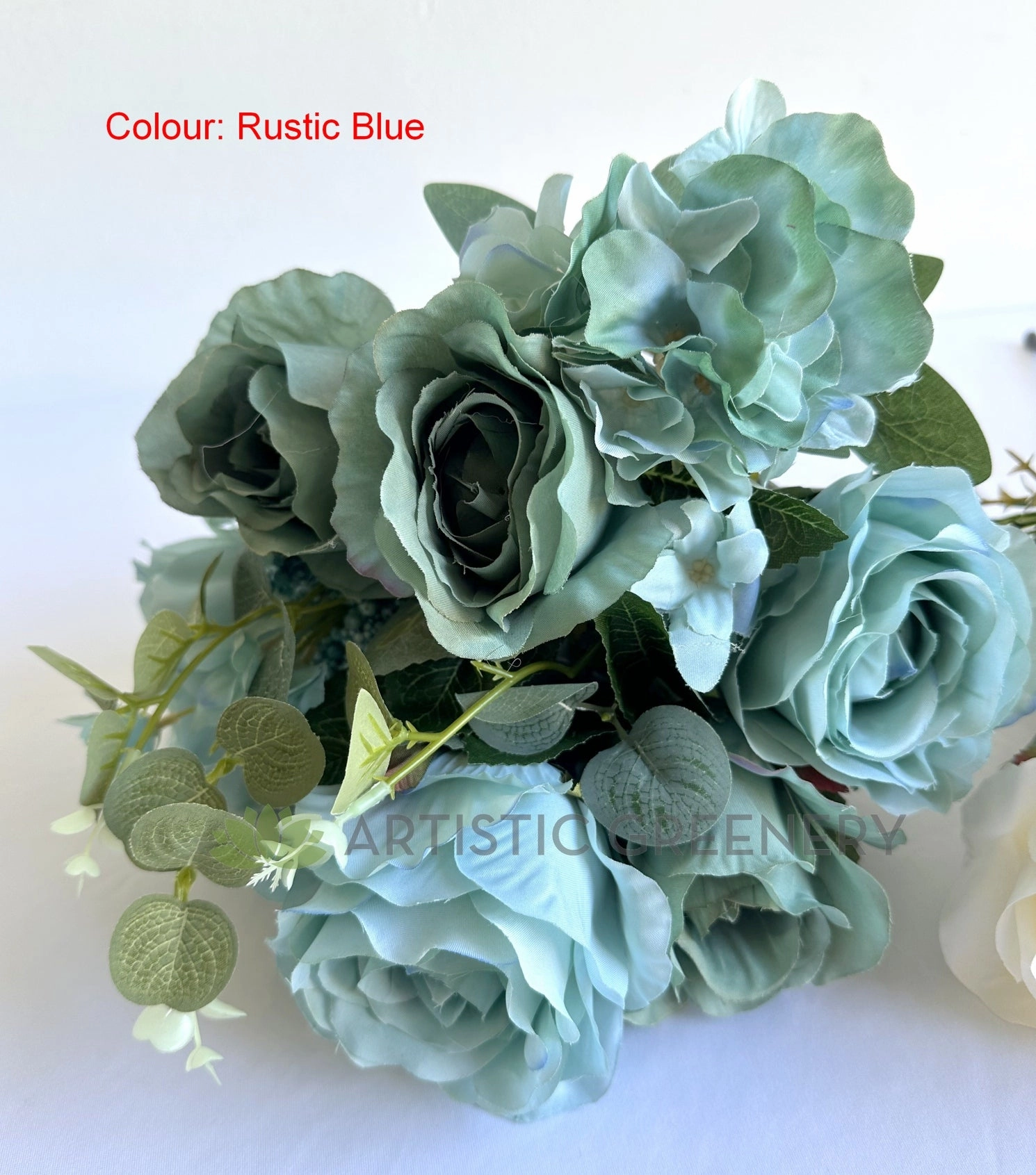 SP0242-S92 Rose & Hydrangea Bunch with Greenery 49cm Rustic Blue / Cream