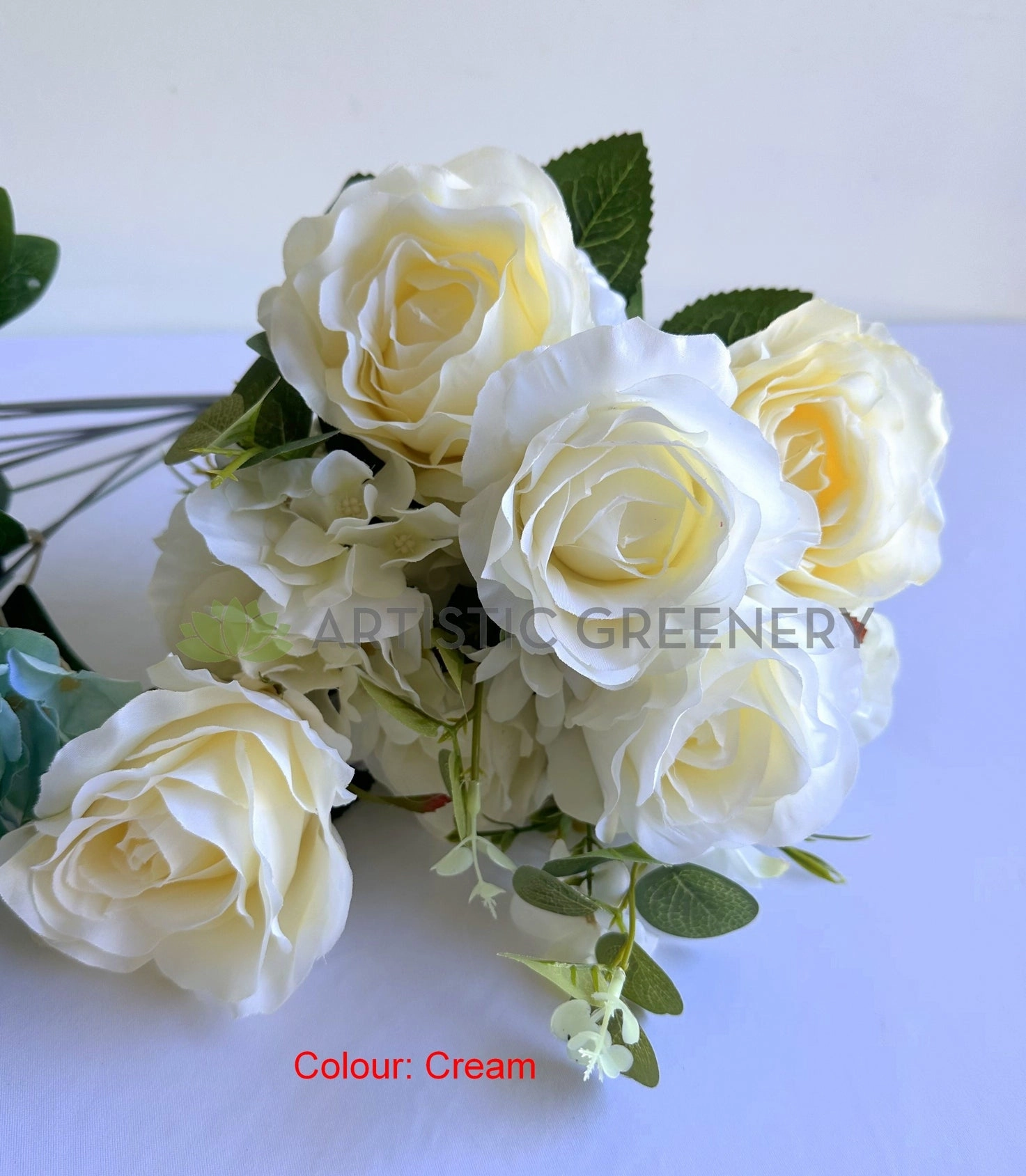 SP0242-S92 Rose & Hydrangea Bunch with Greenery 49cm Rustic Blue / Cream