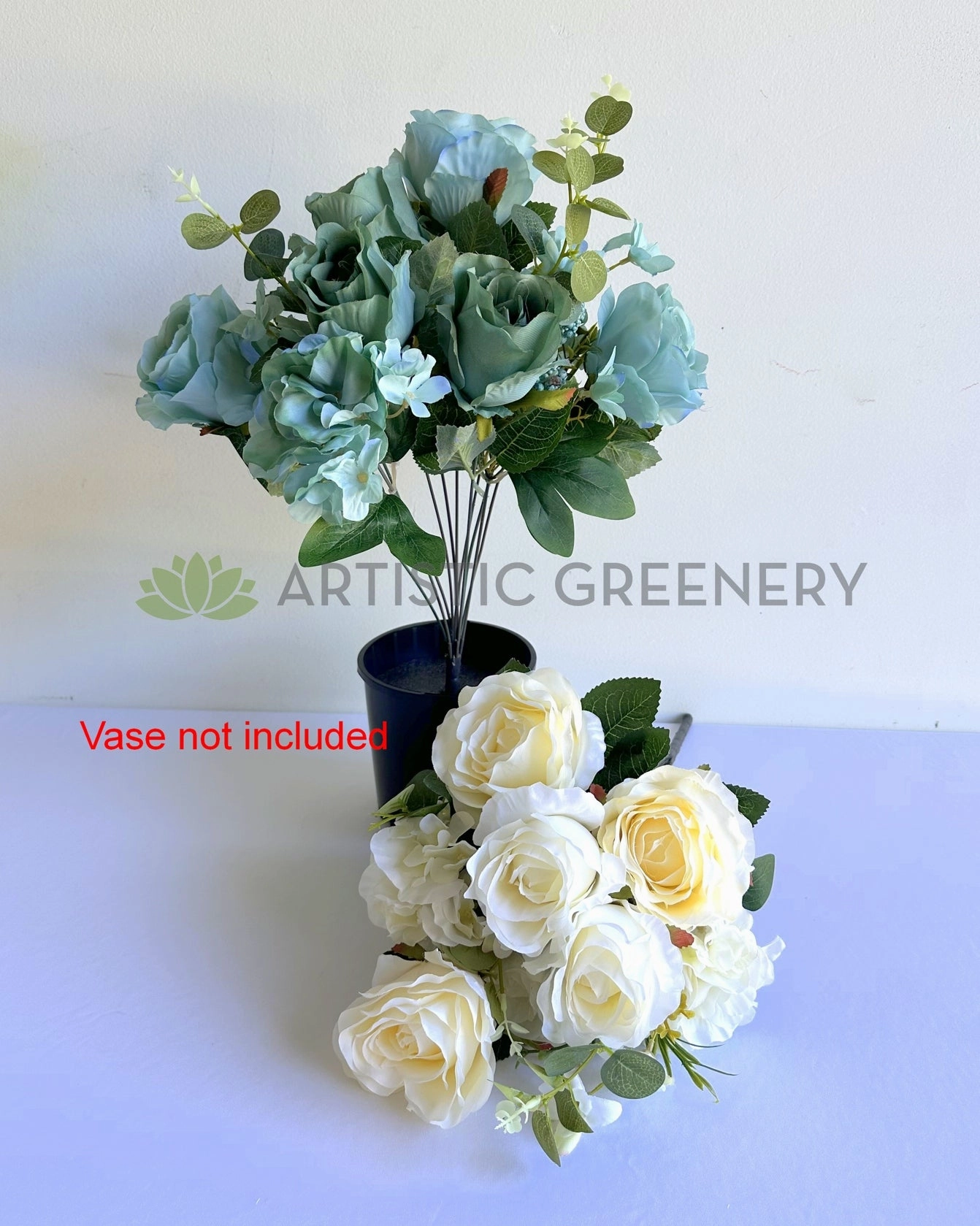 SP0242-S92 Rose & Hydrangea Bunch with Greenery 49cm Rustic Blue / Cream