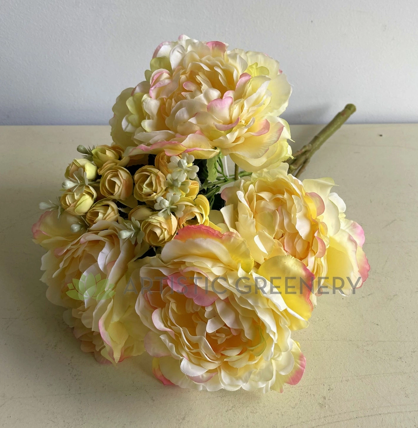 SP0287LYEL Peony & Ranunculus Bouquet 53cm Light Yellow