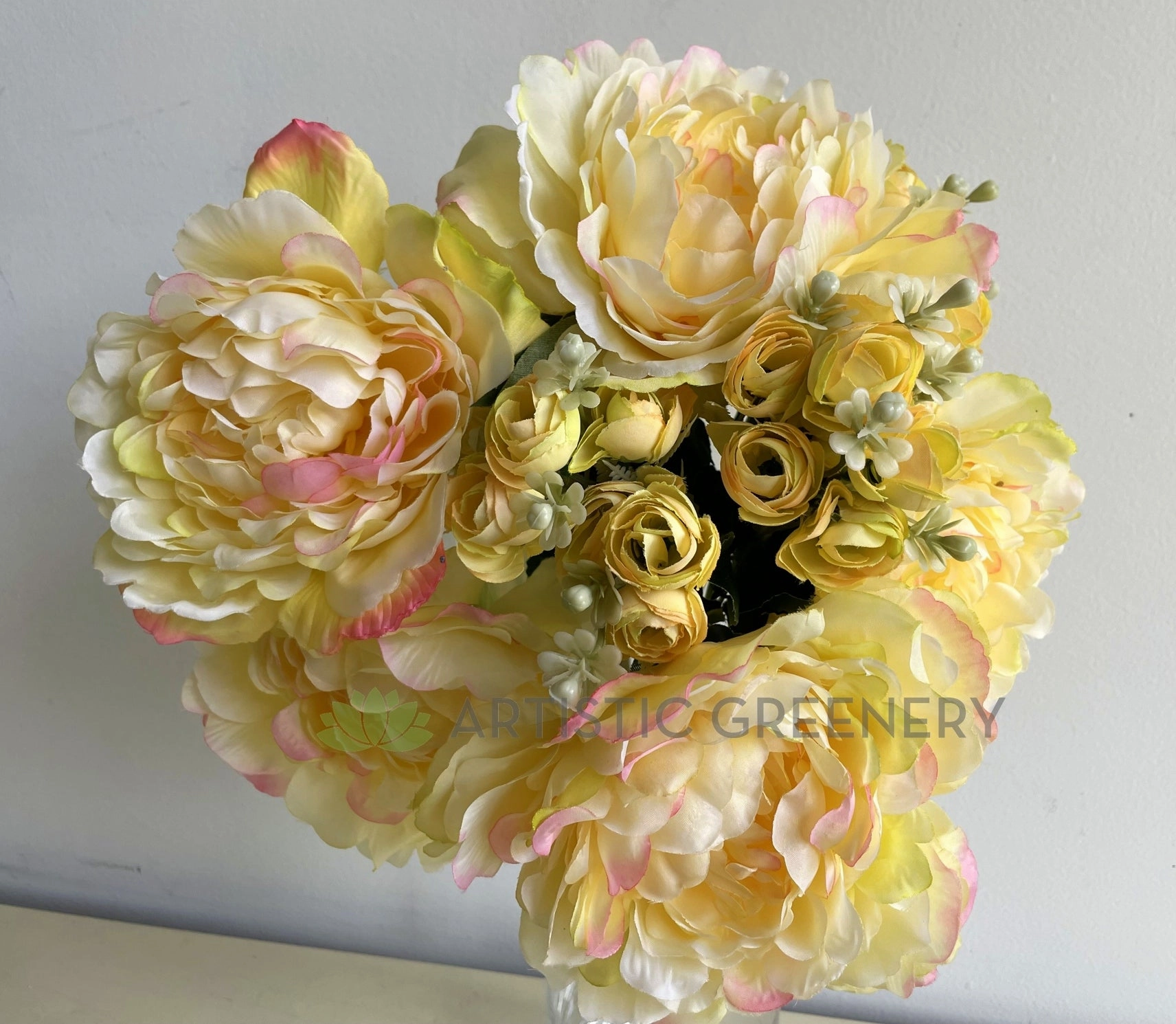 SP0287LYEL Peony & Ranunculus Bouquet 53cm Light Yellow