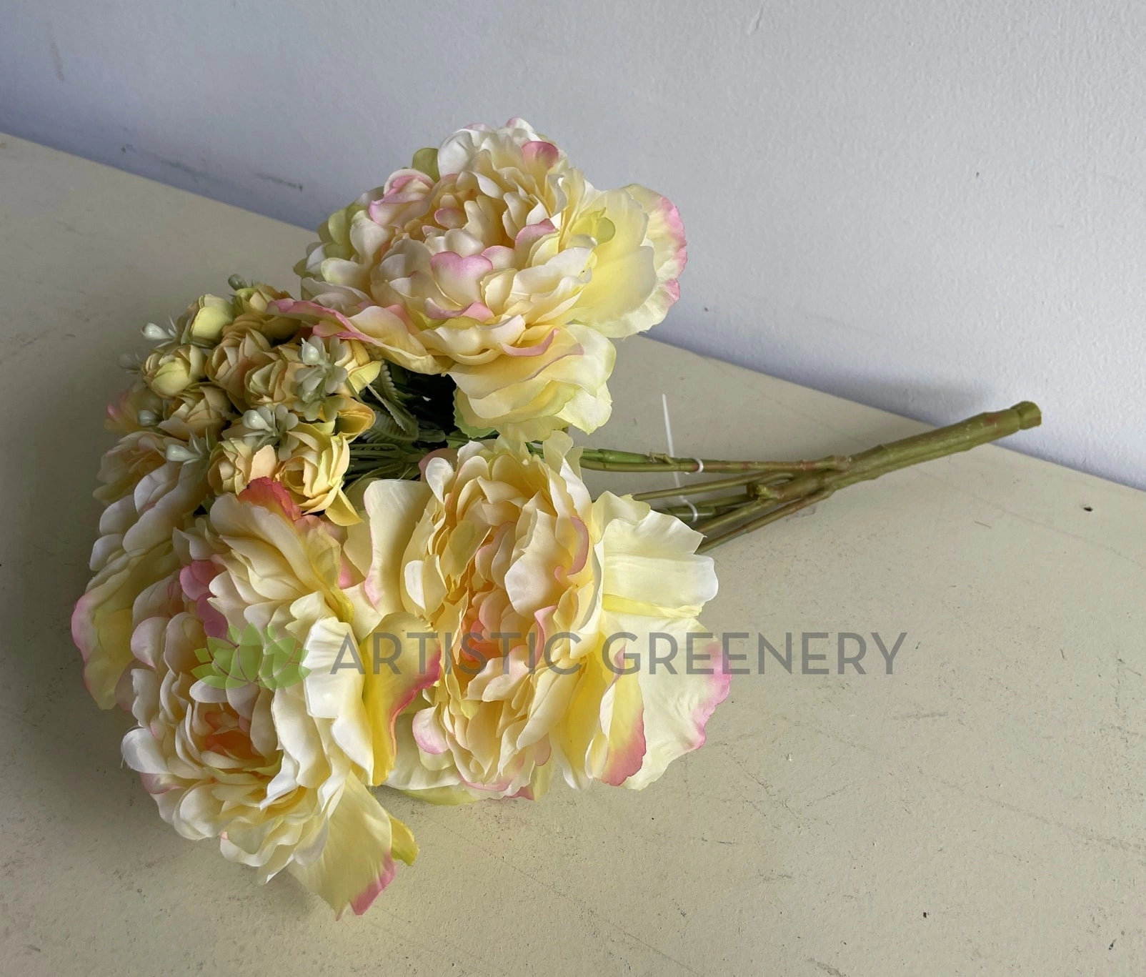 SP0287LYEL Peony & Ranunculus Bouquet 53cm Light Yellow