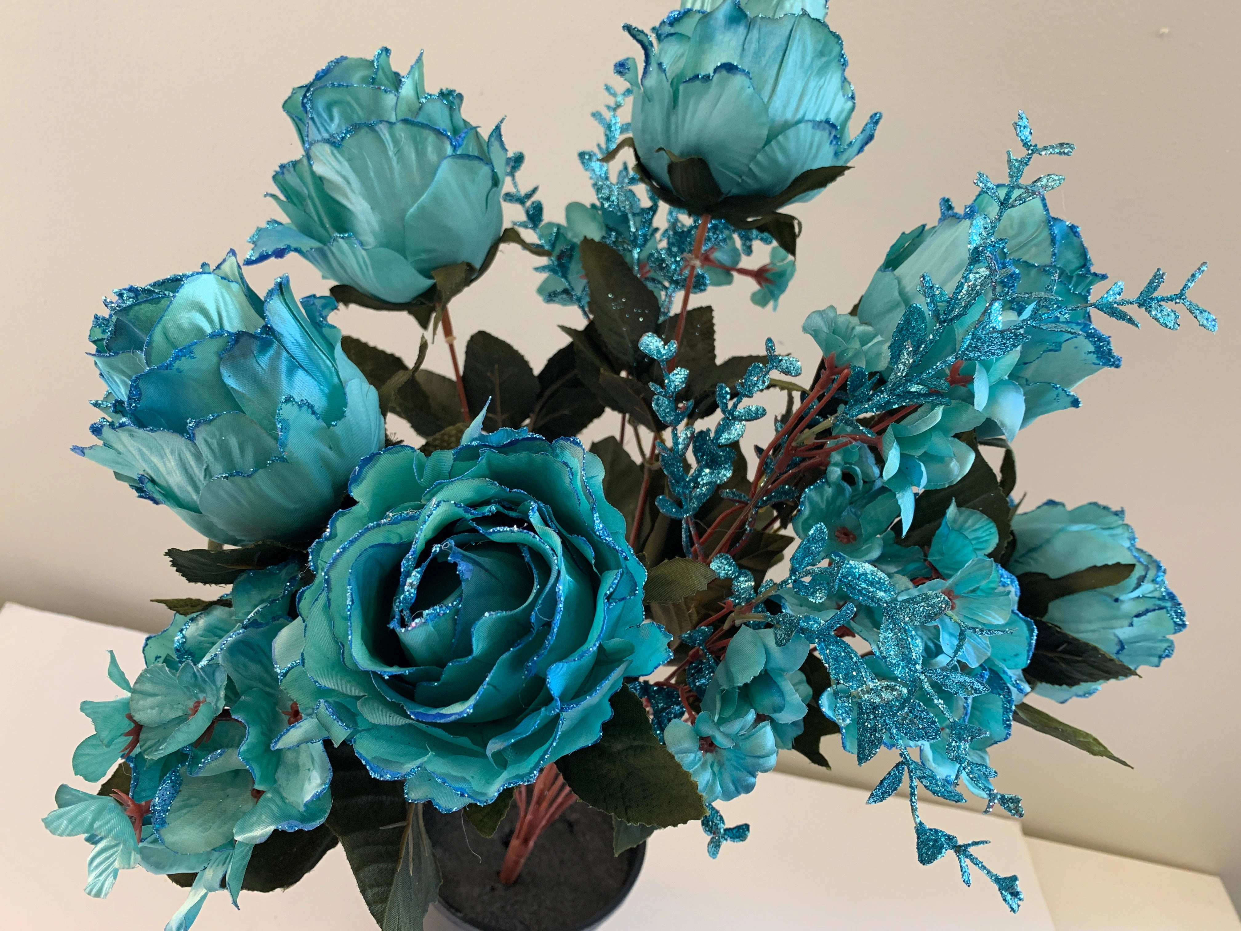 SP0331 Glitter Rose Bunch 55cm Turquoise / Teal