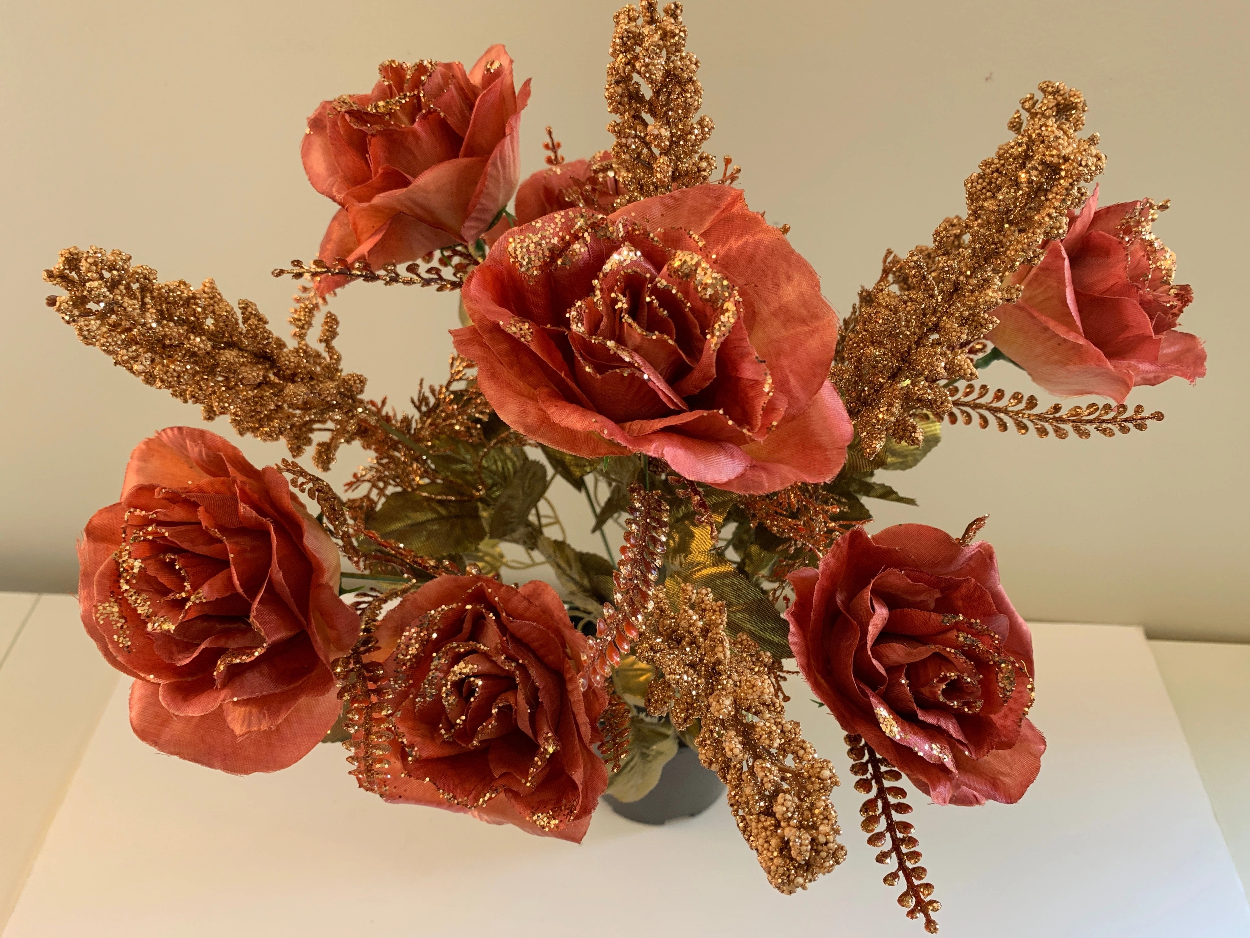 SP0332 Glitter Rose Bunch 54cm Light Brown