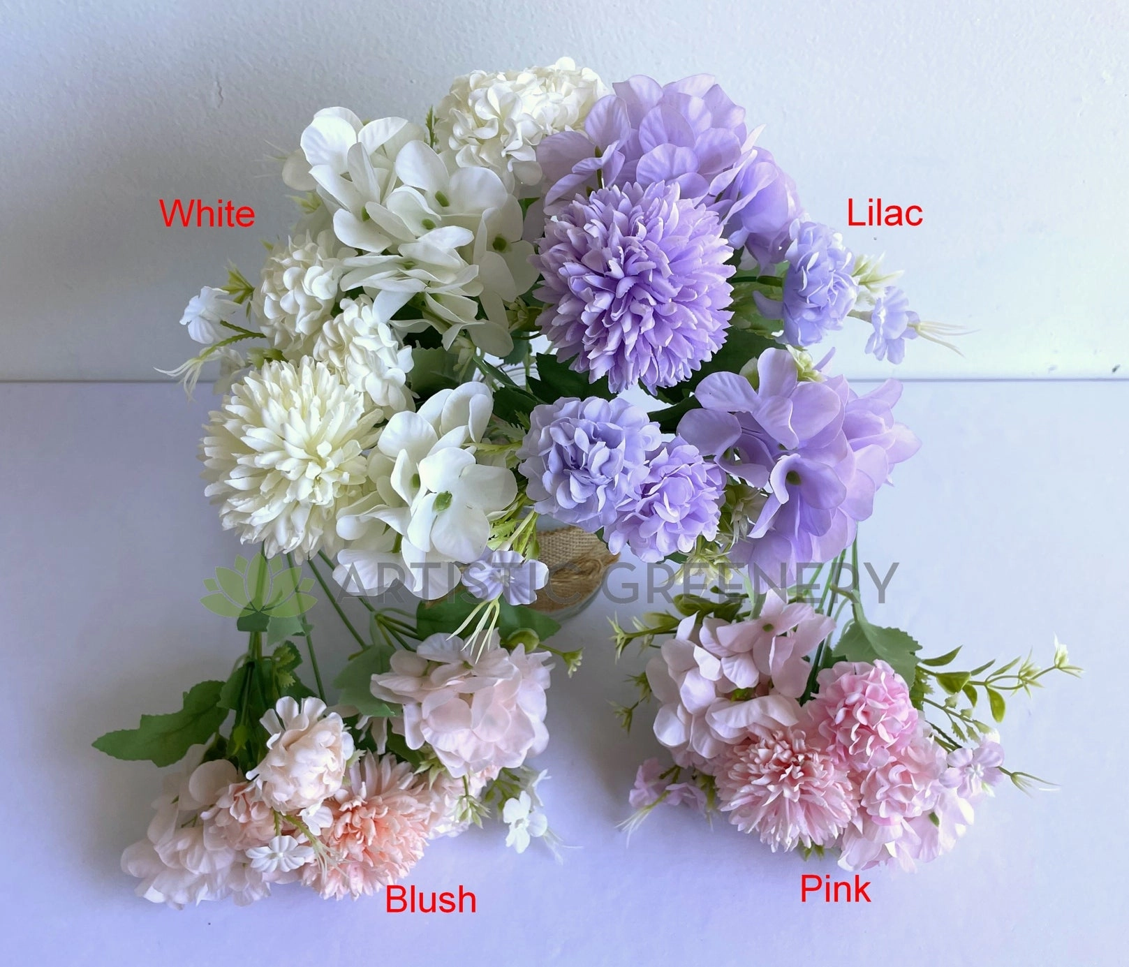 SP0349N Pastel Colour Mixed Flower (Hydrangea & Pom Pom Flowers) Bunch 30cm 4 Colours