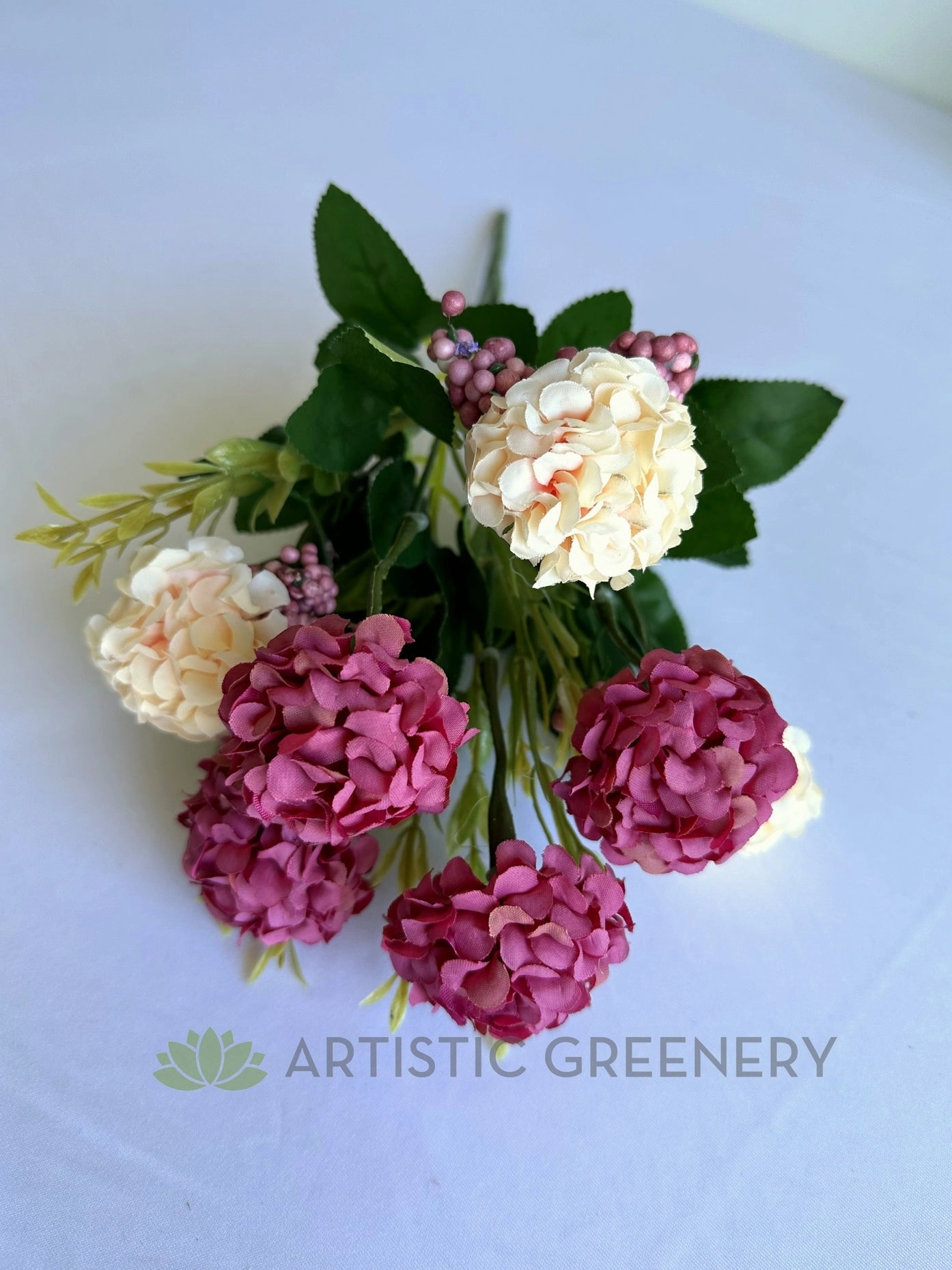SP0371 Mini Hydrangea Bunch 34cm Plum & Peach