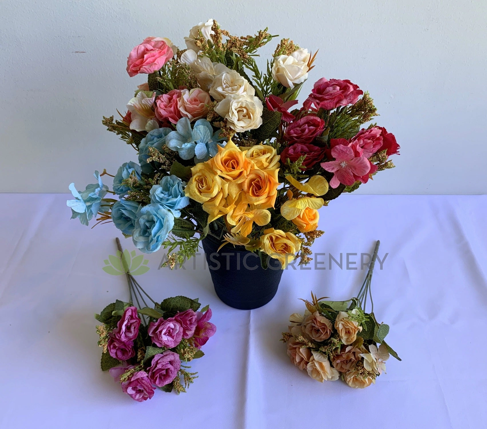 SP0372 Mini Rose with Hydrangea Bunch 30cm 7 Colours