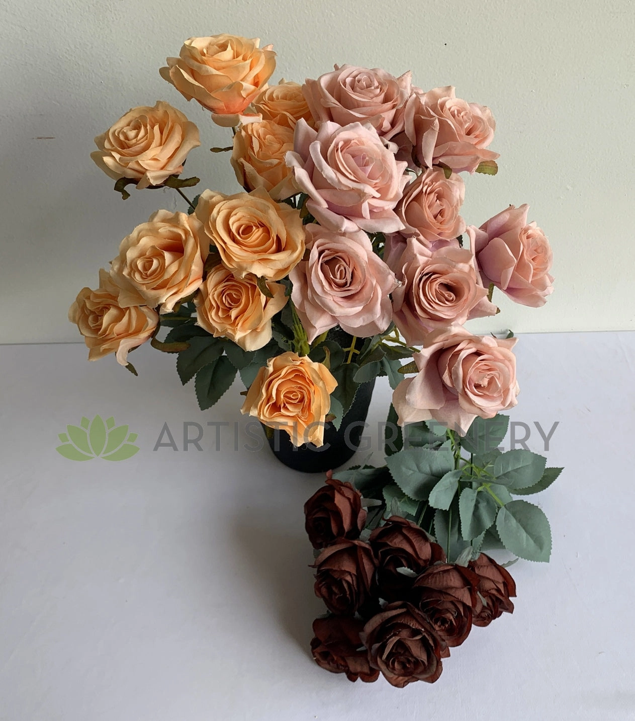 SP0375 Rustic Rose Bunch 45cm Burgundy / Mocha / Pink / Rustic Orange / Brown