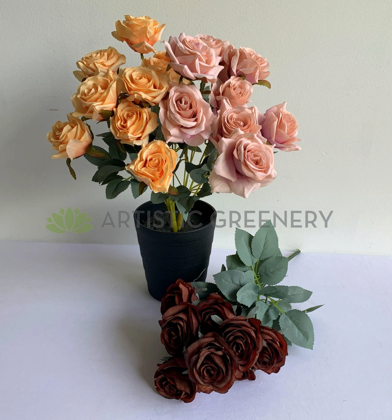 SP0375 Rustic Rose Bunch 45cm Burgundy / Mocha / Pink / Rustic Orange / Brown