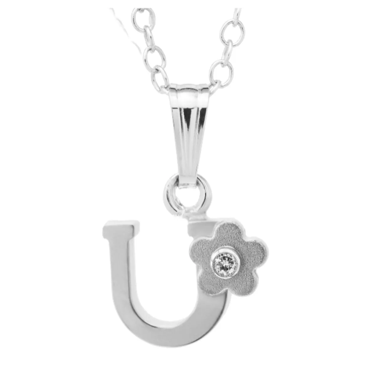 SS 0.01cttw Diamond Initial "U" Flower Pendant with Chain
