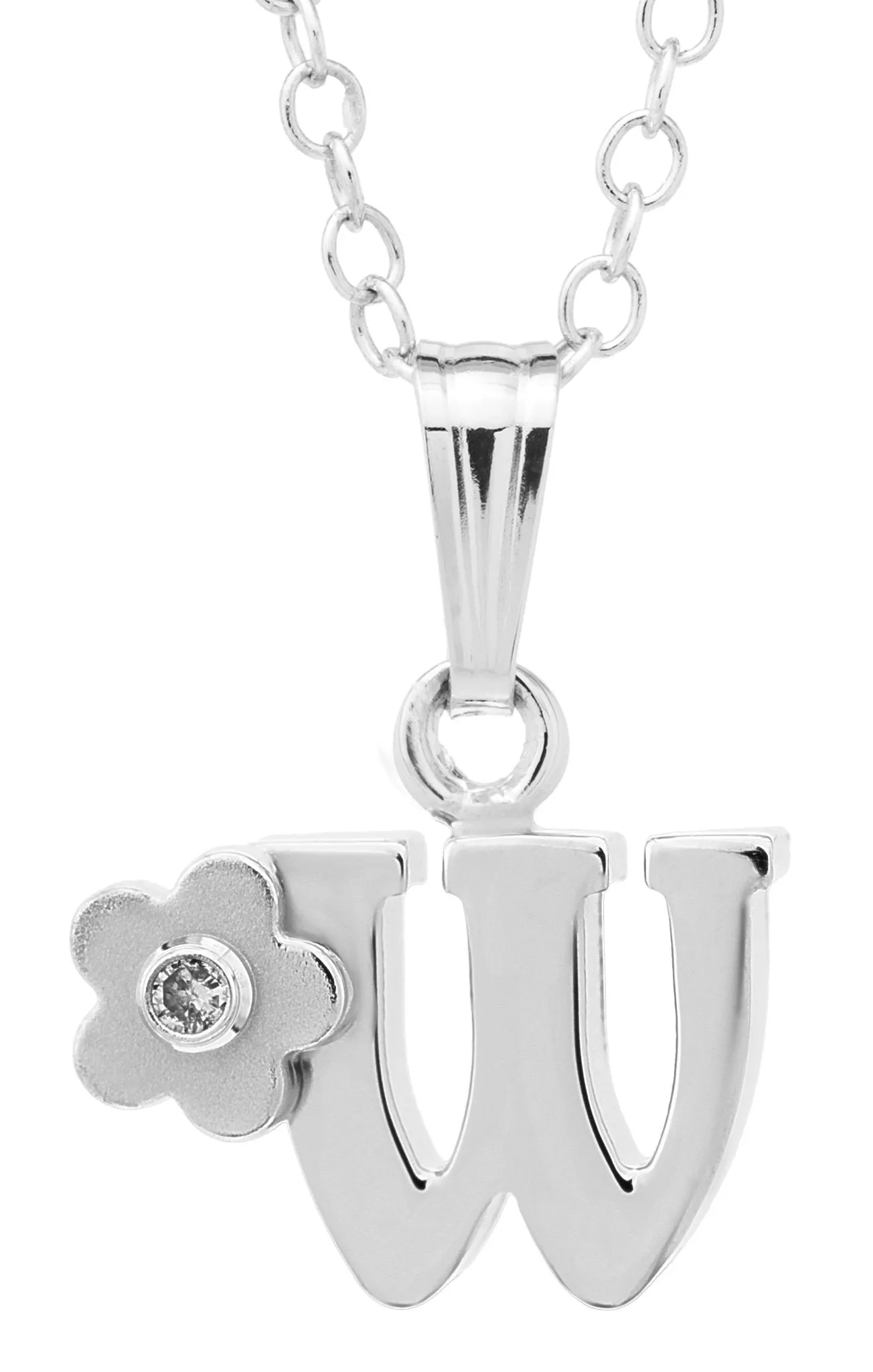 SS 0.01cttw Diamond Initial "W" Flower Pendant with Chain